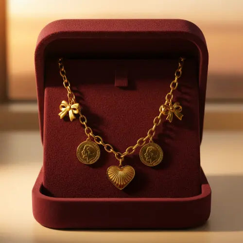 Gold charm necklace in jewelry box