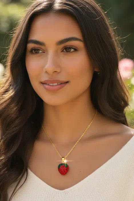 Model wearing strawberry necklace